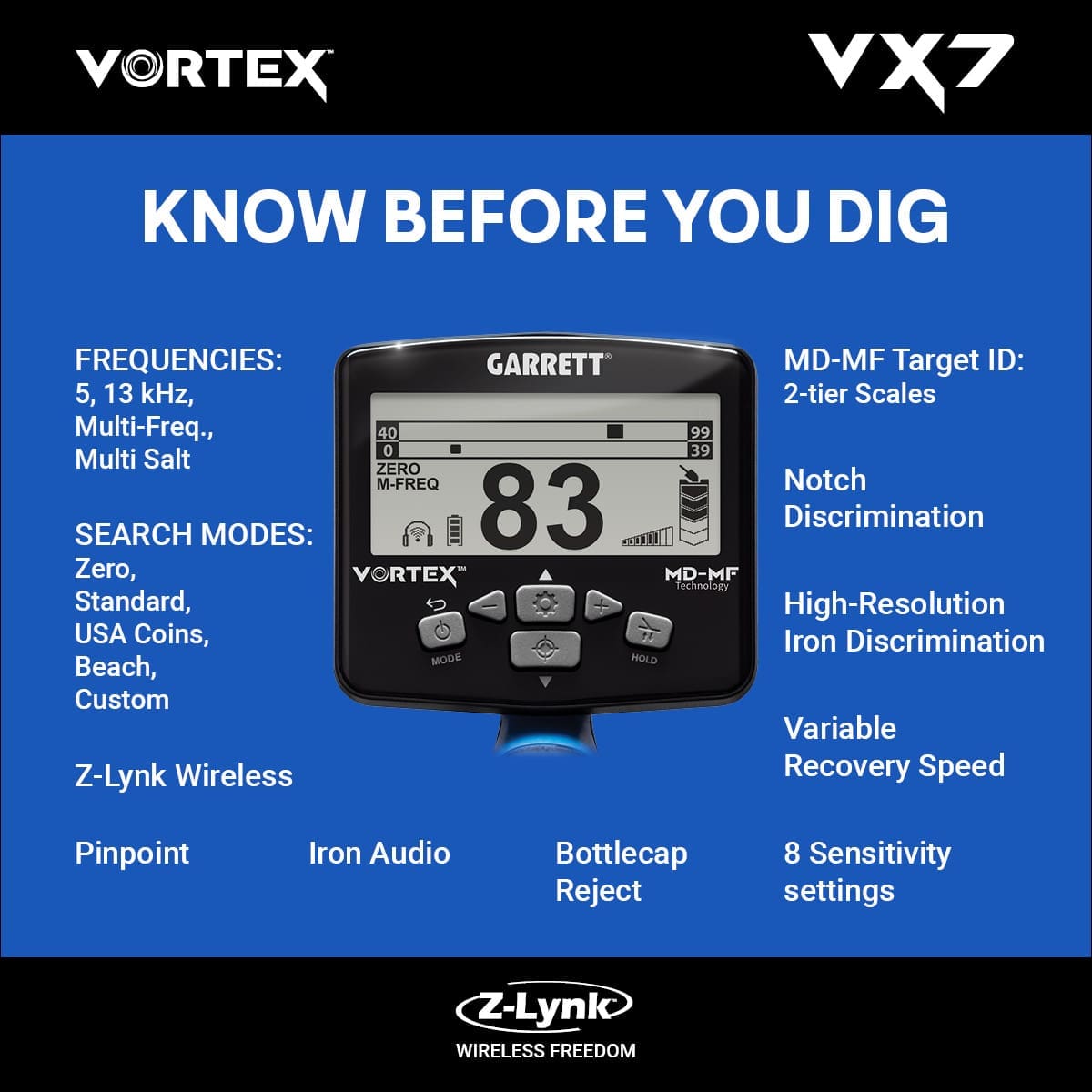 Trabzon Garrett Vortex VX7 Dedektör - VX7 hedef ID ekranı, iki katmanlı MD-MF okuma ile demir ve iletken hedefleri ayırmaya yardım eder.